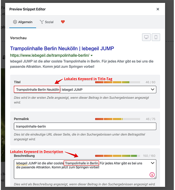 SEO-Tool Rank Math - Beispiel Trampolinhalle